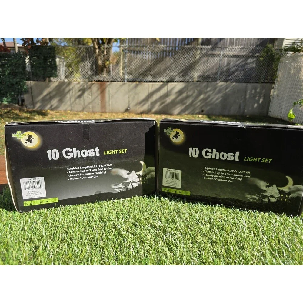 Lot Of 2 Sets All Hallow's Eve 10 White Ghost String Light Set Plug In NIB Rare